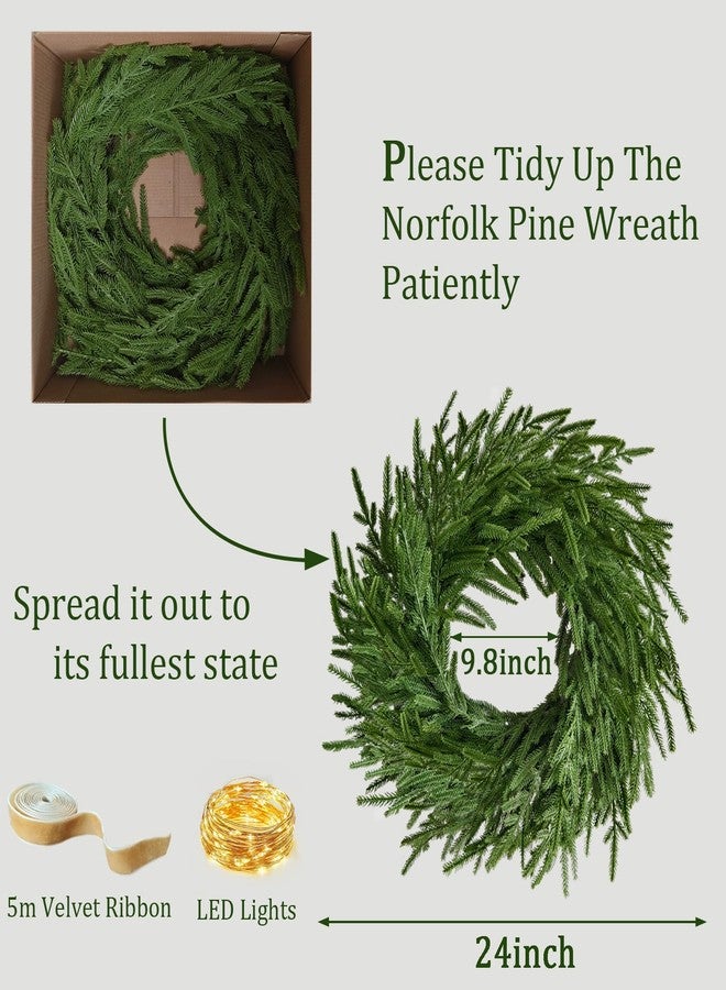 Cherica 24 Inch Real Touch 2 Pcs Norfolk Pine Wreath Christmas Decorations for Front Door, Artificial Plants Green Christmas Wreath with Lights Home Decor, Xmas Decor for Mantel Wall Holiday Winter Decor - Image 2