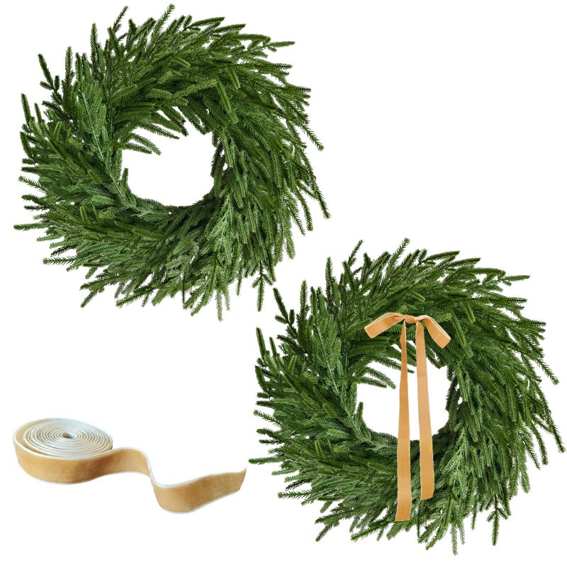 Cherica 24 Inch Real Touch 2 Pcs Norfolk Pine Wreath Christmas Decorations for Front Door, Artificial Plants Green Christmas Wreath with Lights Home Decor, Xmas Decor for Mantel Wall Holiday Winter Decor - Image 1