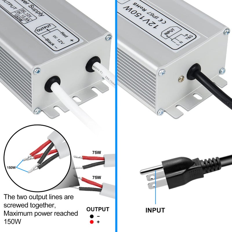 inShareplus 12V LED Power Supply, 150W IP67 Waterproof Outdoor Driver,AC 80-265V to DC 12 Volt 12.5A Low Voltage Transformer, Adapter with 3-Prong Plug for LED Light, Computer Project, Outdoor Use - Image 4