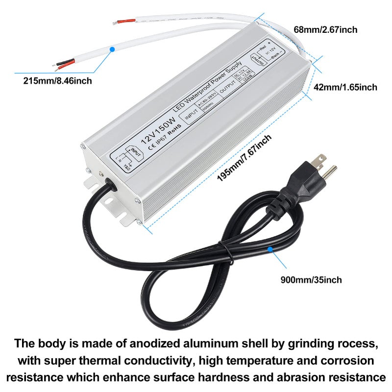 inShareplus 12V LED Power Supply, 150W IP67 Waterproof Outdoor Driver,AC 80-265V to DC 12 Volt 12.5A Low Voltage Transformer, Adapter with 3-Prong Plug for LED Light, Computer Project, Outdoor Use - Image 5