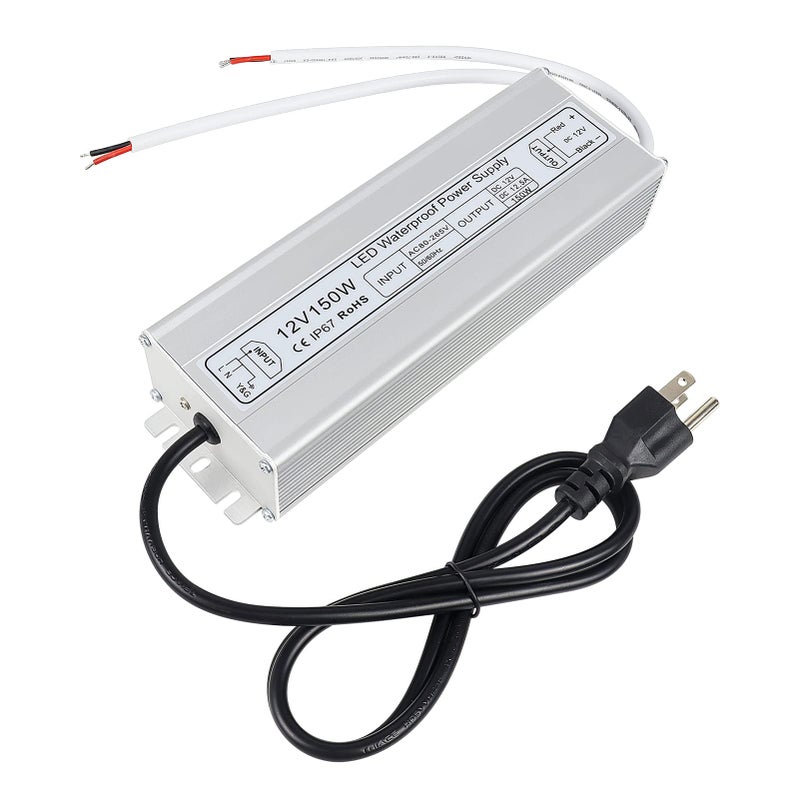 inShareplus 12V LED Power Supply, 150W IP67 Waterproof Outdoor Driver,AC 80-265V to DC 12 Volt 12.5A Low Voltage Transformer, Adapter with 3-Prong Plug for LED Light, Computer Project, Outdoor Use - Image 1