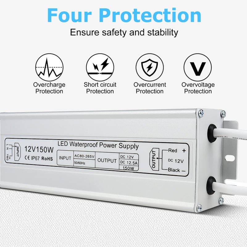 inShareplus 12V LED Power Supply, 150W IP67 Waterproof Outdoor Driver,AC 80-265V to DC 12 Volt 12.5A Low Voltage Transformer, Adapter with 3-Prong Plug for LED Light, Computer Project, Outdoor Use - Image 2