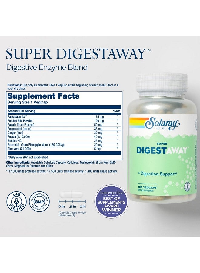 SOLARAY Super Digestaway Digestive Enzymes - Pancreatin, Papain, Ginger, Pepsin, Betaine HCl, Aloe Vera, and More - Digestion & Nutrient Absorption Support - Lab Verified - 180 VegCaps - Image 2