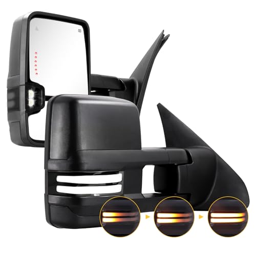 Sanooer Switchback Towing Mirrors for 2007-2021 Tundra, 2008-2017 Sequoia with Dual State Light Turn Signal Light Power Glass Heated Arrow Running Light Blind Spot Monitoring Extendable Fold Pair Set (Smoke) - Image 1
