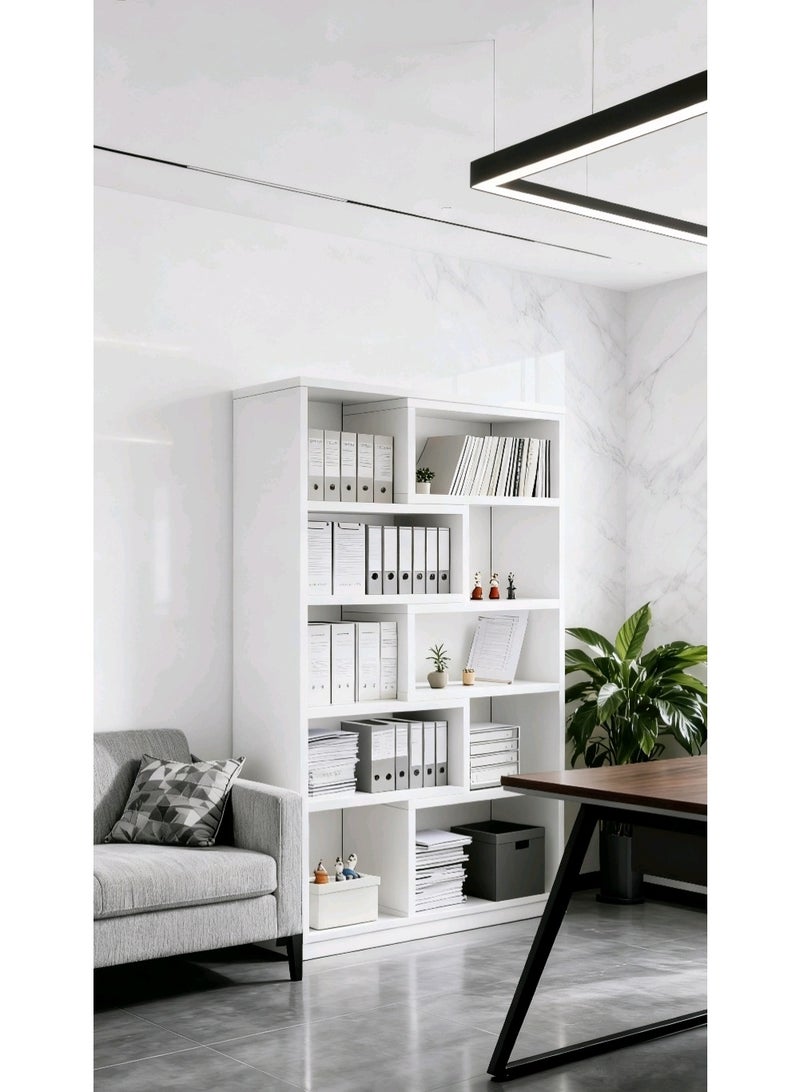 Corner Bookcase, 146cm Wooden Corner Bookcase, 5-Tier L-Shaped Freestanding Storage Cabinet, Large Open Bookshelf with Fixtures, Suitable for Living Room, Bedroom, Study, Office (White) - Image 5