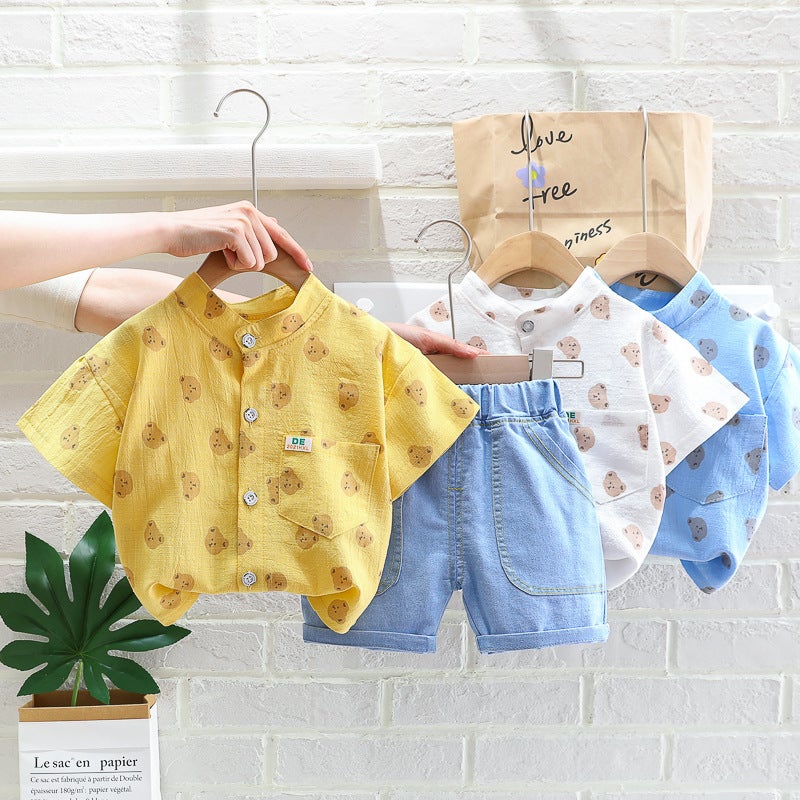 Children'S Children'S Clothing Male Baby Fashion Stand Collar Shirt Printed Cute Cartoon Short Sleeve Denim Shorts Two-Piece Set - Image 2