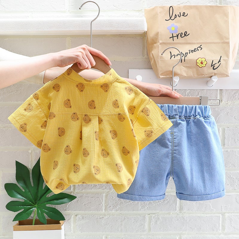 Children'S Children'S Clothing Male Baby Fashion Stand Collar Shirt Printed Cute Cartoon Short Sleeve Denim Shorts Two-Piece Set - Image 5