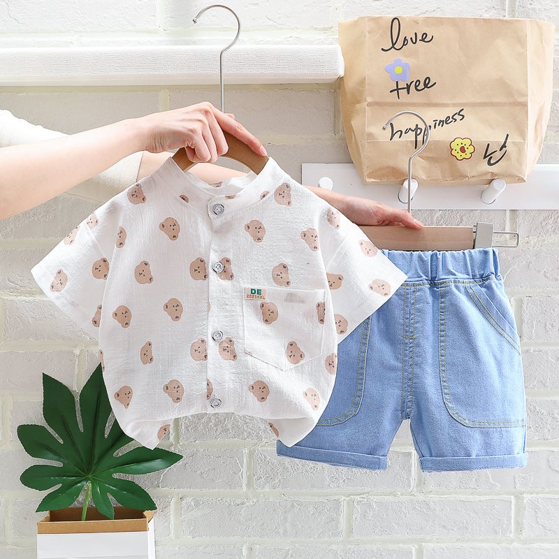 Children'S Children'S Clothing Male Baby Fashion Stand Collar Shirt Printed Cute Cartoon Short Sleeve Denim Shorts Two-Piece Set - Image 3