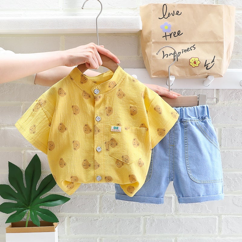 Children'S Children'S Clothing Male Baby Fashion Stand Collar Shirt Printed Cute Cartoon Short Sleeve Denim Shorts Two-Piece Set - Image 4