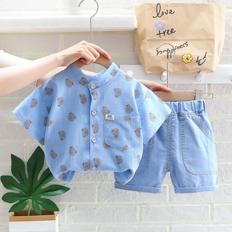 Children'S Children'S Clothing Male Baby Fashion Stand Collar Shirt Printed Cute Cartoon Short Sleeve Denim Shorts Two-Piece Set - Image 1