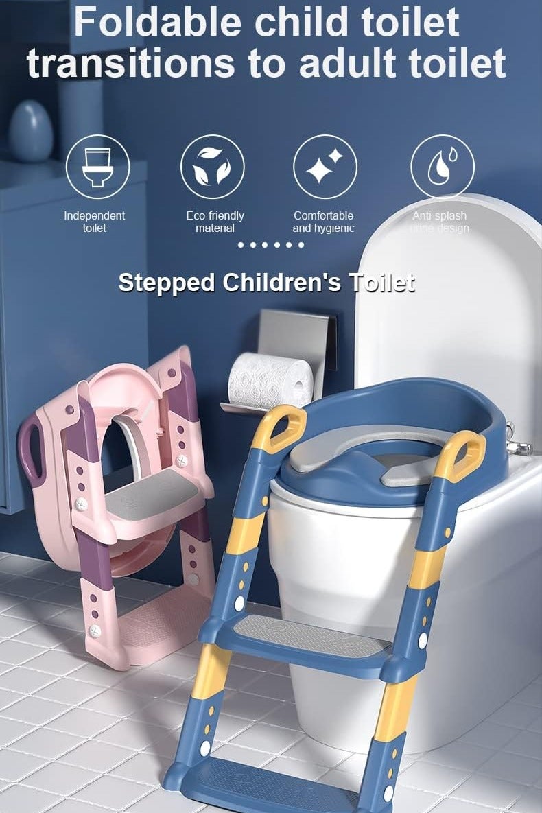 مقعد تدريب على استخدام المرحاض مع سلم، مقعد مرحاض قابل للطي للتدريب مع مقاعد متدرجة للأولاد والبنات 2 في 1 مقعد مرحاض للأطفال قابل للتعديل مع وسائد مضادة للانزلاق ووسادة مريحة - Image 2