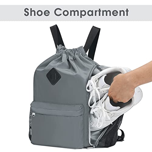 WANDF Drawstring Backpack Sports Gym Bag with Shoes Compartment, Water-Resistant String Backpack Cinch for Women Men(Large,Grey) - Image 3