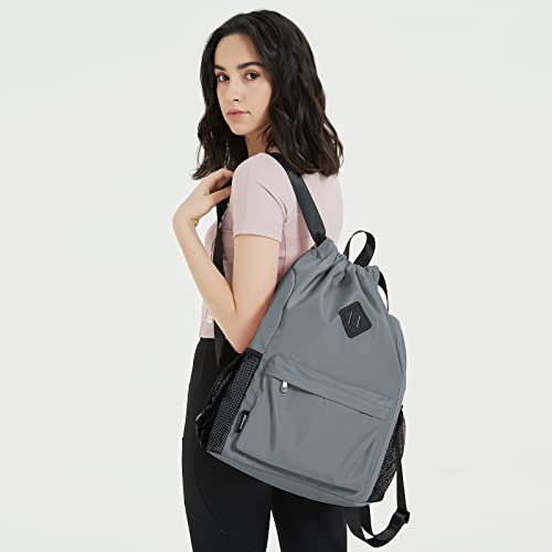 WANDF Drawstring Backpack Sports Gym Bag with Shoes Compartment, Water-Resistant String Backpack Cinch for Women Men(Large,Grey) - Image 2
