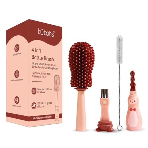 tütots 4 in 1 Silicone Bottle Cleaner Brush Set - Includes Nipple Straw, Lid & Bottle Brush - Efficient Baby Bottle Cleaning with Thick Bristles - Compact Baby Bottle Brush Set for Minimal Space - Image 1