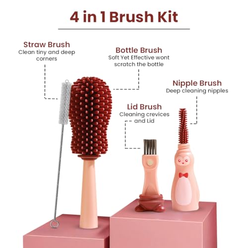 tütots 4 in 1 Silicone Bottle Cleaner Brush Set - Includes Nipple Straw, Lid & Bottle Brush - Efficient Baby Bottle Cleaning with Thick Bristles - Compact Baby Bottle Brush Set for Minimal Space - Image 2