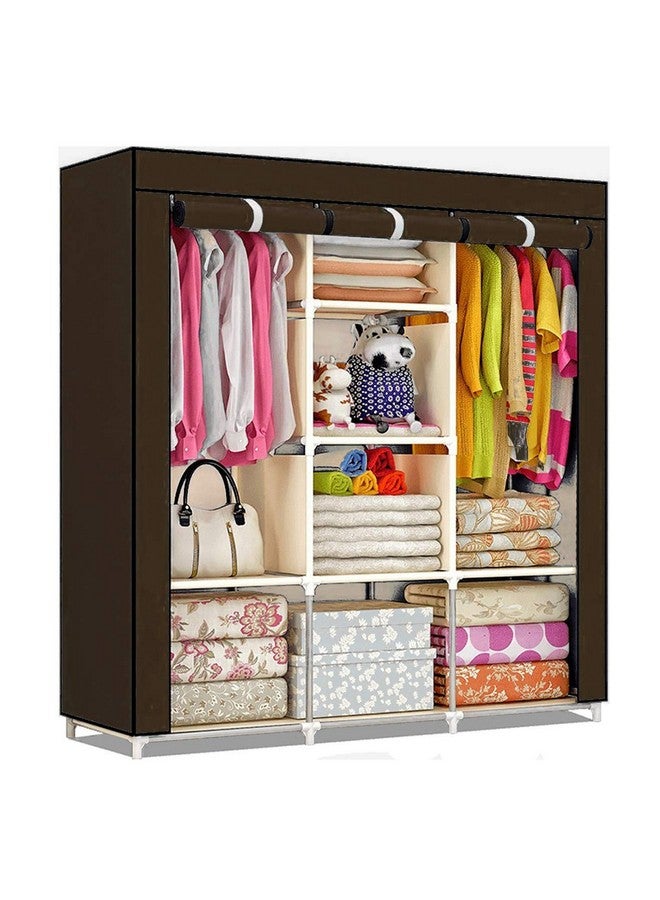Shopper52 Fancy & Portable Fabric Collapsible Wardrobe Storage Rack - Brown | Foldable Clothes Closet Organizer | 3-Door Cupboard Almirah for Home & Bedroom | Multipurpose Wardrobe Shelf - Image 1