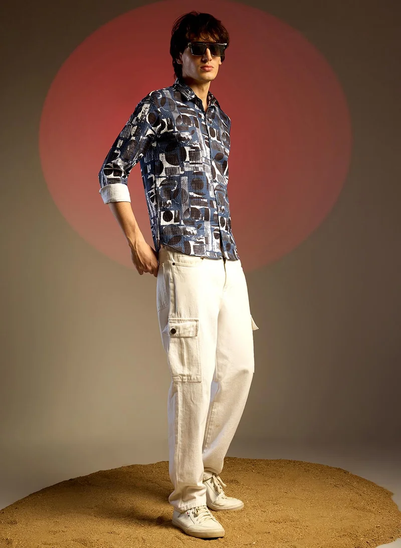 Campus Sutra Men's Navy Blue & Midnight Black Abstract Geometric Shirt