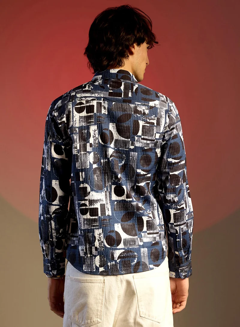 Campus Sutra Men's Navy Blue & Midnight Black Abstract Geometric Shirt
