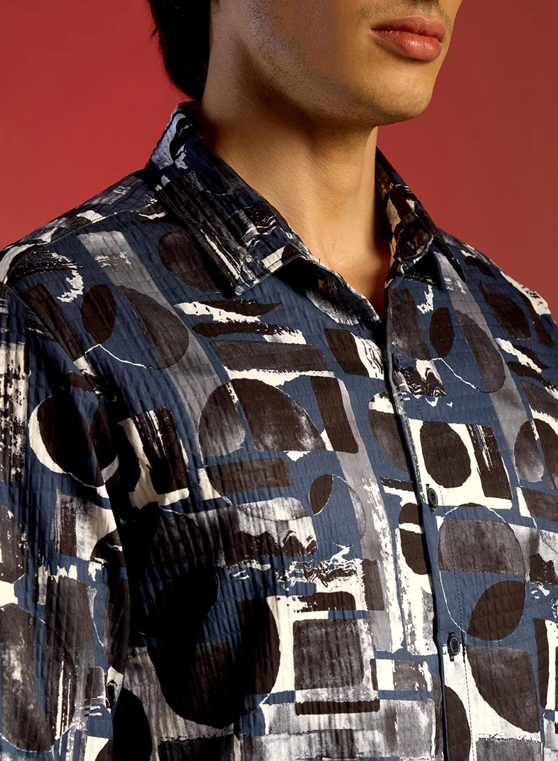 Campus Sutra Men's Navy Blue & Midnight Black Abstract Geometric Shirt