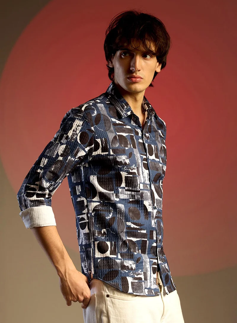 Campus Sutra Men's Navy Blue & Midnight Black Abstract Geometric Shirt