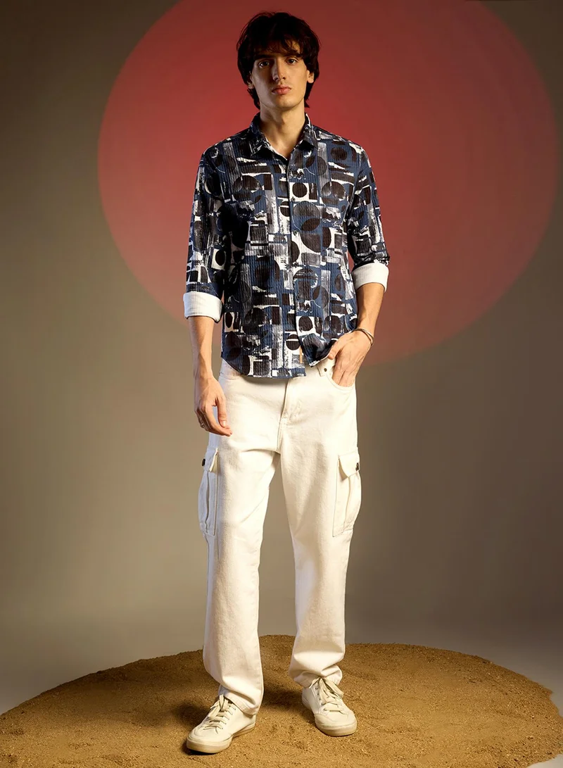 Campus Sutra Men's Navy Blue & Midnight Black Abstract Geometric Shirt