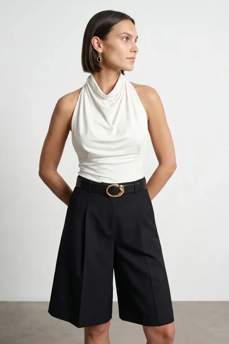 DILVIN Fitted Sleeveless Cowl Neck Blouse