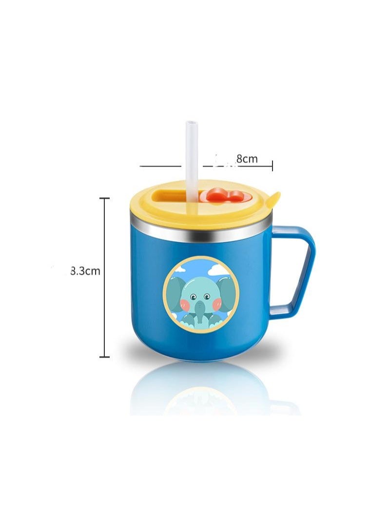 316 Stainless Steel Children's Water Cup Cartoon Creative Cup With Lid Double-layer Heat Insulation Anti-scalding Scale Milk Straw Cup-Color:304 Square Handle Blue Kulomi-Capacity:270ml - Image 1