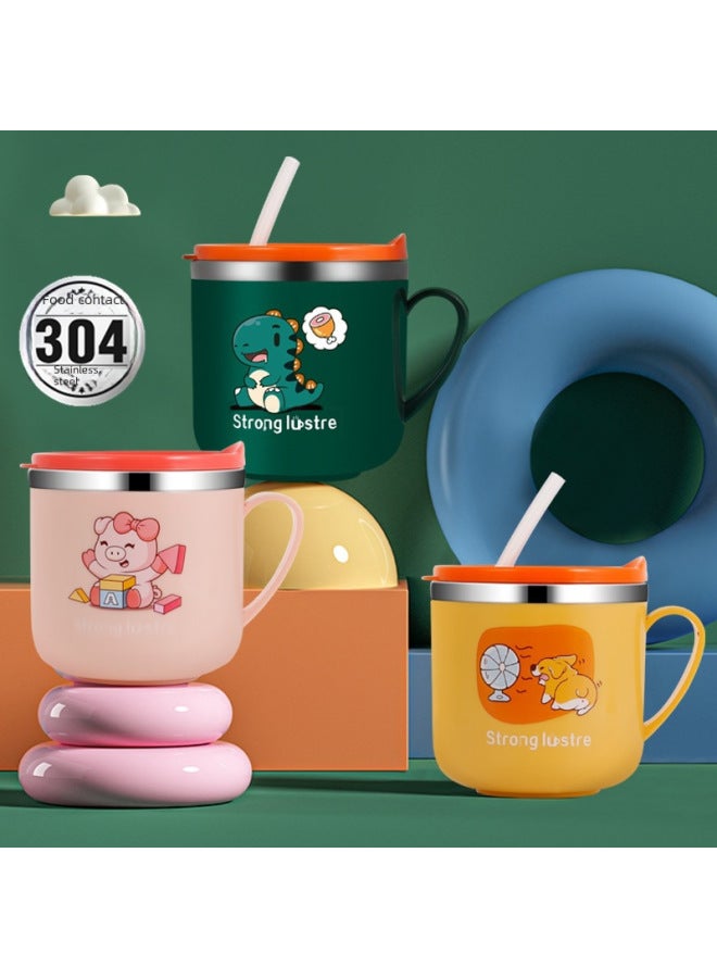 316 Stainless Steel Children's Water Cup Cartoon Creative Cup With Lid Double-layer Heat Insulation Anti-scalding Scale Milk Straw Cup-Color:304 Square Handle Blue Kulomi-Capacity:270ml - Image 3