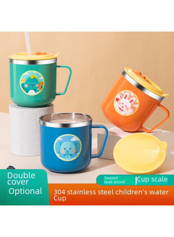 316 Stainless Steel Children's Water Cup Cartoon Creative Cup With Lid Double-layer Heat Insulation Anti-scalding Scale Milk Straw Cup-Color:304 Square Handle Blue Kulomi-Capacity:270ml - Image 2