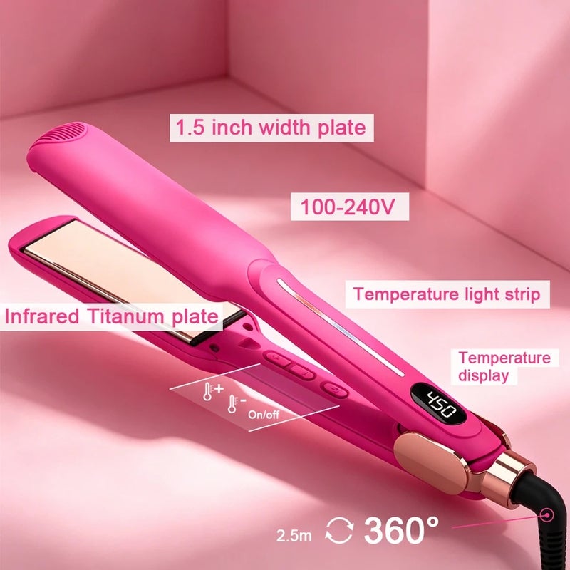 مدامي مملس شعر Infrared Titanium Hair Straightener 1.5 Inch Wide Floating Plate Flat Iron Adjustable Temp Dual Voltage Travel Hair Styling Tool - Image 2