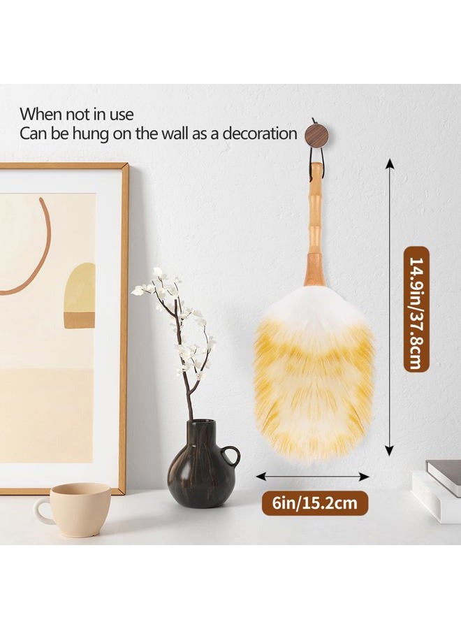 iHUFeather Lambswool Duster for Cleaning with Solid Wooden Handle Leather Hang Strap 14.9 inch Natural Feather Duster for Cleaning Ceiling Fans Window Blinds Computer Furniture - Image 2