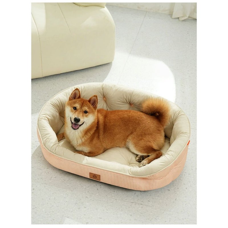 Rose Pink Plush Grid Pattern Oval Pet Bed Medium 64x49x19cm All Season Indoor Dog Cat Sofa - Image 2