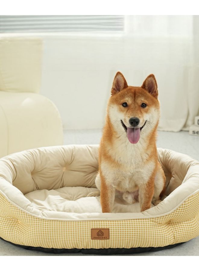 Rose Pink Plush Grid Pattern Oval Pet Bed Medium 64x49x19cm All Season Indoor Dog Cat Sofa - Image 5
