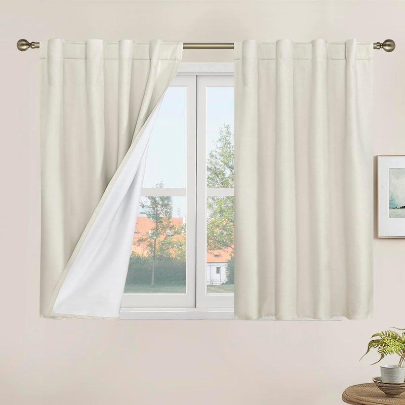 LAMIT 100% Blackout Short Linen Curtains for Cafe, 40 Inch Length Linen Textured Thermal Curtains Back Tab and Rod Pocket Neutral Panels with White Liner for Bedroom, 2 Panels, 34 x 40 Inch, Ivory - Image 1