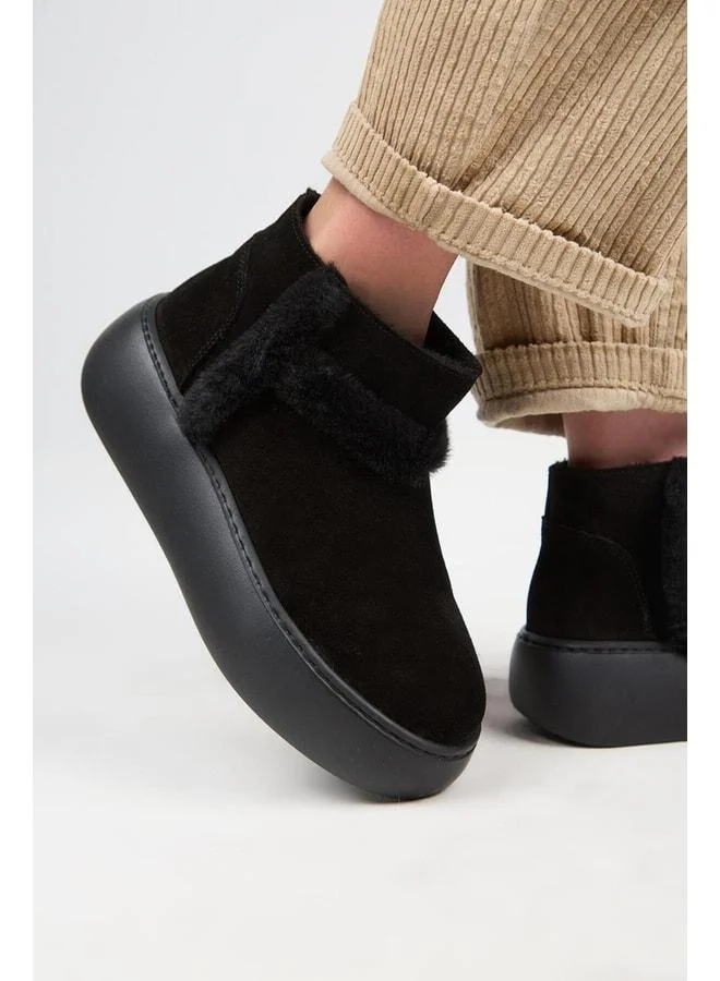 (Azura Mini) Women's Genuine Leather With Fur Lining And Fur Stripe Black Boot.