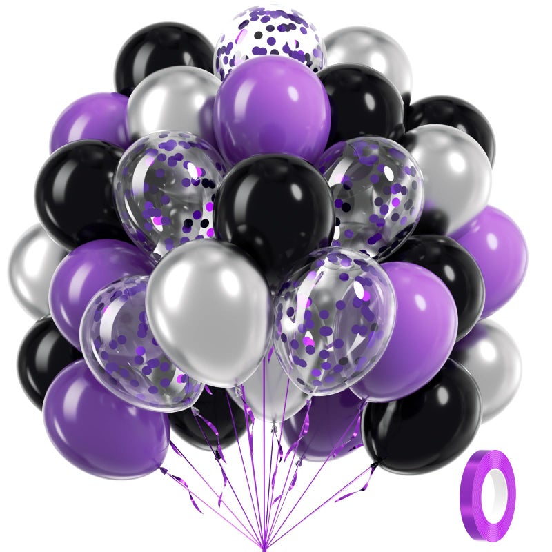 awenztech 60pcs Purple and Black Balloons 12inch Purple and Silver Balloon with Metallic Silver Confetti Balloons for Bridal Shower Graduation Birthday Party decorations - Image 3
