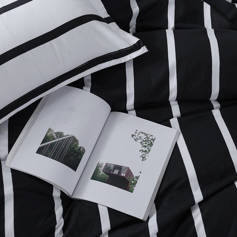 Black and White Bedspread Set Mix Color Black and White Simple Striped Bedding Set Multi-size Bedspread Four-piece Set Aloe Cotton Bedclothes Sheet Quilt Cover Pillow Cover - Image 2