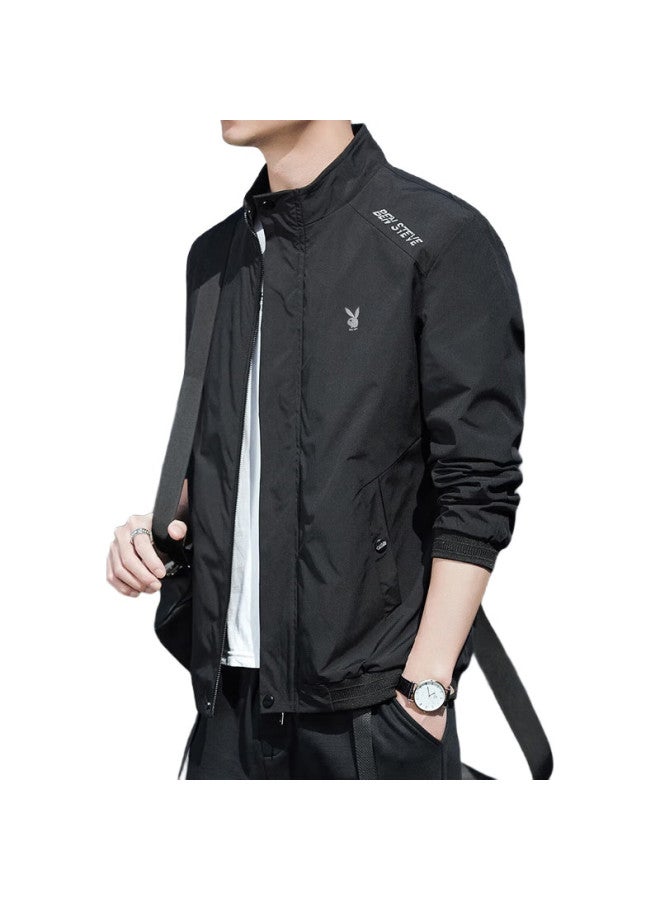 PLAYBOY Jacket, Men'S Outerwear, Spring And Autumn Casual Stand-Up Collar Trendy Top, Black, Xl - Image 1