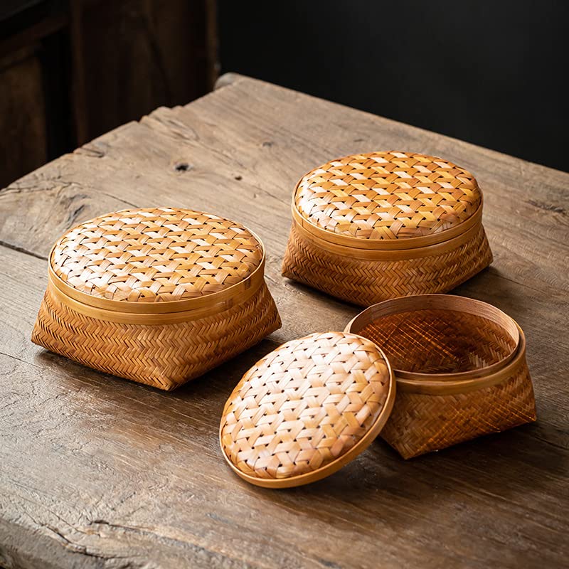 Antique Bamboo Fruit Platter With Cover Storage Basket 22x22x8cm - Image 3