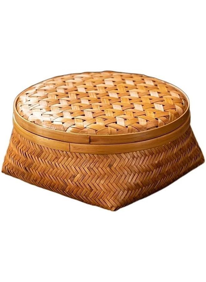 Antique Bamboo Fruit Platter With Cover Storage Basket 22x22x8cm - Image 1