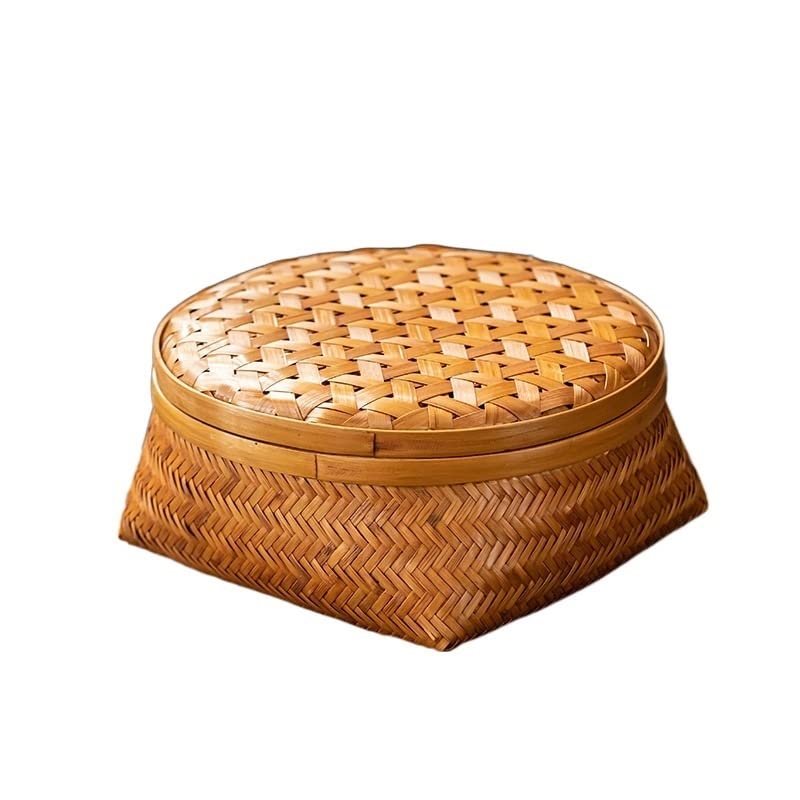 Antique Bamboo Fruit Platter With Cover Storage Basket 22x22x8cm - Image 2