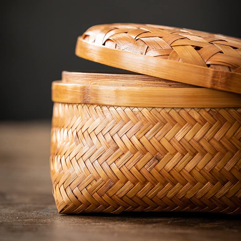 Antique Bamboo Fruit Platter With Cover Storage Basket 22x22x8cm - Image 5
