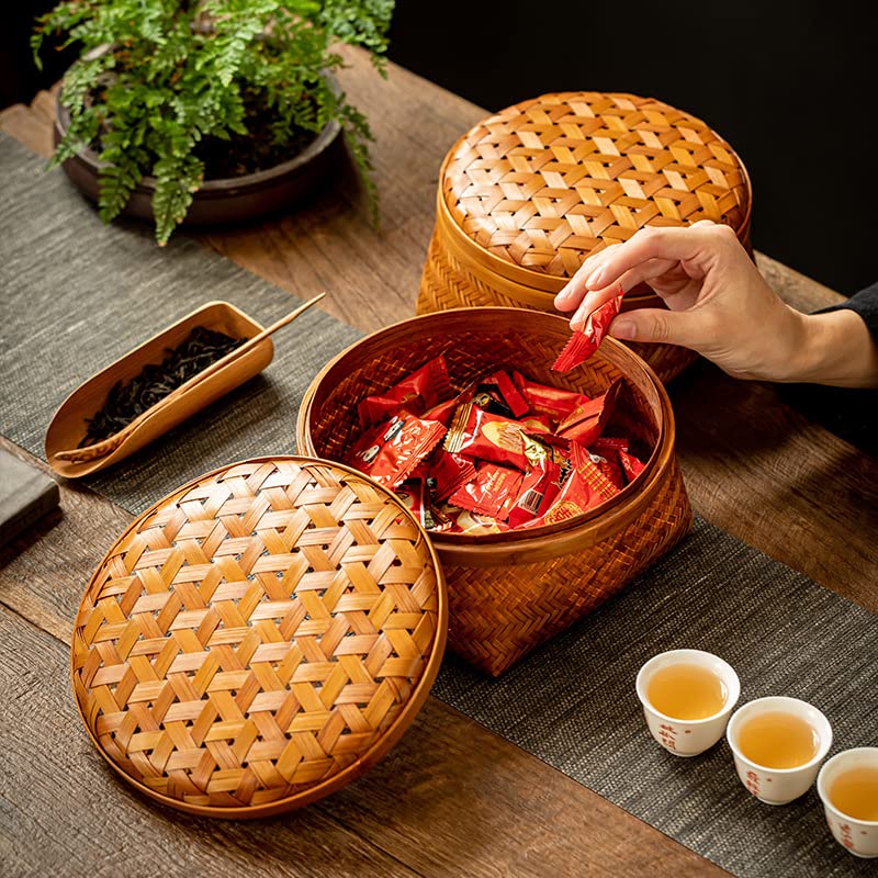 Antique Bamboo Fruit Platter With Cover Storage Basket 22x22x8cm - Image 4
