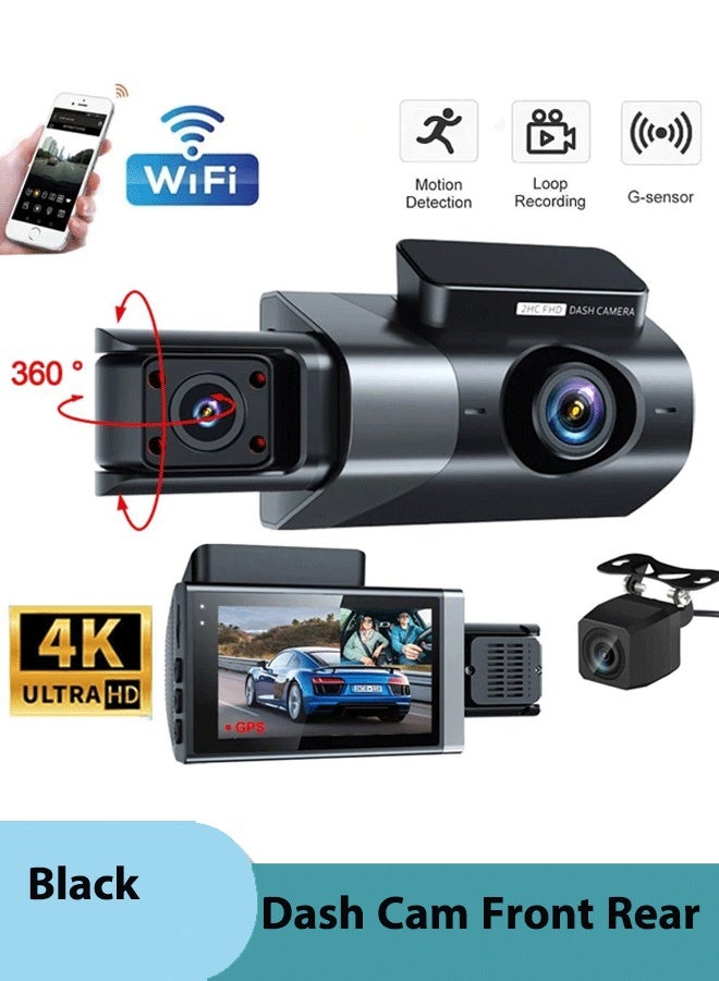 XiuWoo 4K Triple Lens Dash Cam Rear, 4K/2.5K Full HD Dash Camera for Cars, Included 32GB Card, Built-in Wi-Fi GPS, 3.0” IPS Screen, Night Vision, 170°Wide Angle, WDR, 24H Parking Mode - Image 1