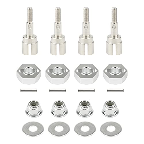 Rchobbytop 4 Sets 12mm Wheel Hex Drive Hub Adaptor & Steel Stub Axle & M4 Locknut Washers for 1/10 RC Car, Replace Parts of 102042 (02134) 122042 02033 for HSP 94108 94111 94123 94124 94170, Silver - Image 1