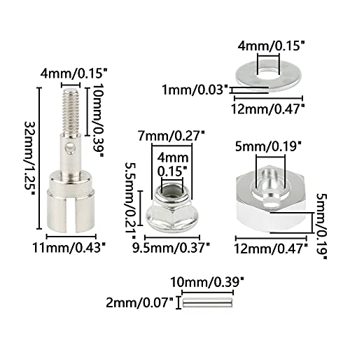 Rchobbytop 4 Sets 12mm Wheel Hex Drive Hub Adaptor & Steel Stub Axle & M4 Locknut Washers for 1/10 RC Car, Replace Parts of 102042 (02134) 122042 02033 for HSP 94108 94111 94123 94124 94170, Silver - Image 2