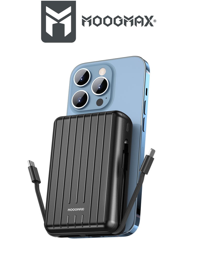 MOOGMAX - 20000mAh Trunk series magnetic wireless power bank  22.5W super-charging, two built-in cables with 15W wireless charging, 3 external ports 1 Type-C and 1 Type-A, and a Lightning port. black - Image 1