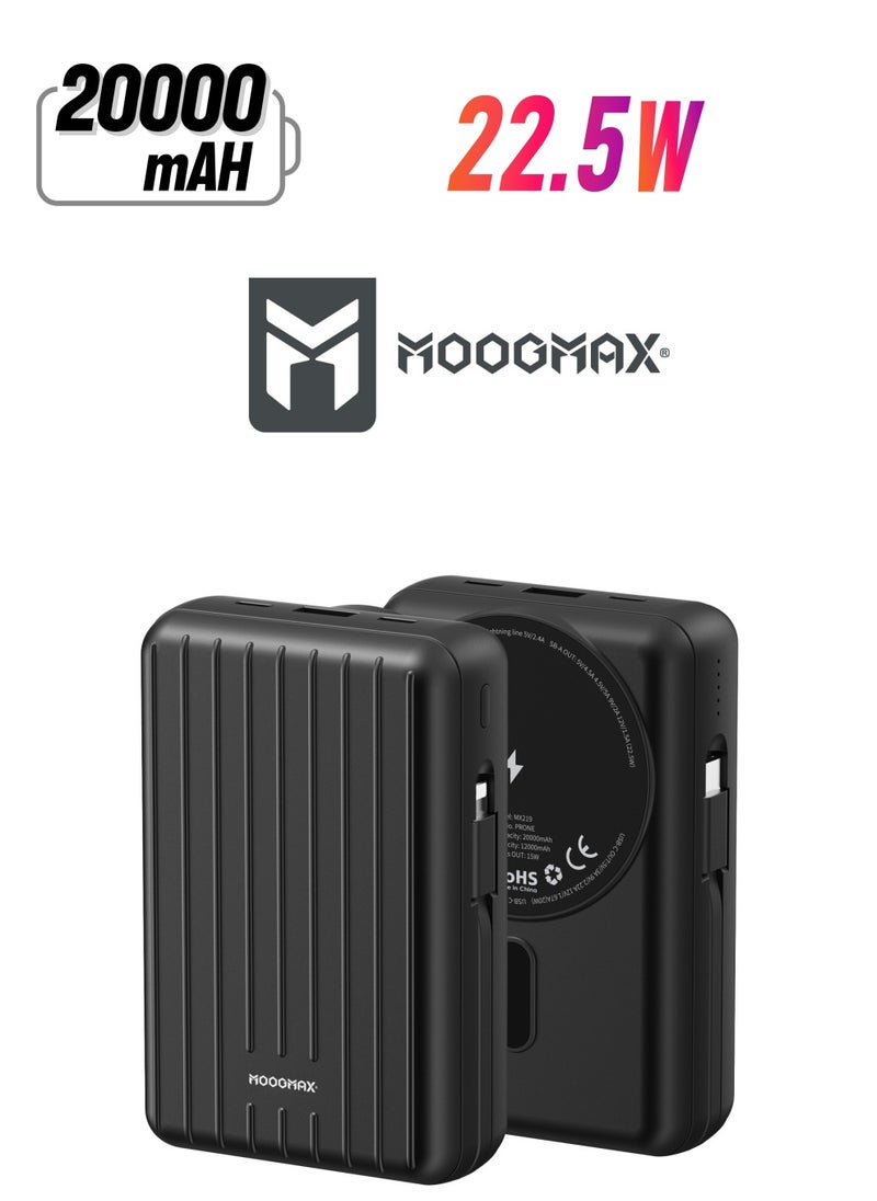 MOOGMAX - 20000mAh Trunk series magnetic wireless power bank  22.5W super-charging, two built-in cables with 15W wireless charging, 3 external ports 1 Type-C and 1 Type-A, and a Lightning port. black - Image 1