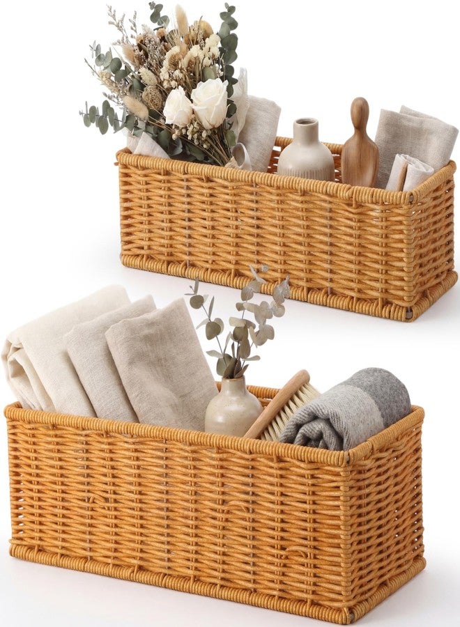 Threehoney 2 Pack Wicker Toilet Tank Baskets, 2 Sizes Handwoven Rattan Bathroom Storage Baskets with Metal Frame, Rustic Farmhouse Decorative Organizer Holders Bins for Tissues Vanity Shelves Supply - Image 1