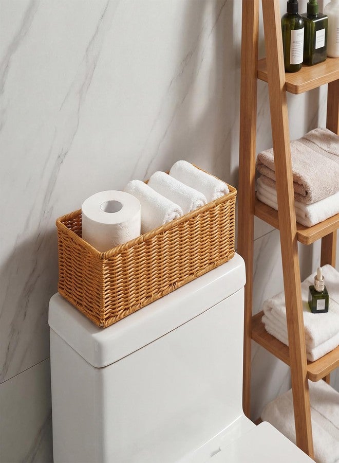 Threehoney 2 Pack Wicker Toilet Tank Baskets, 2 Sizes Handwoven Rattan Bathroom Storage Baskets with Metal Frame, Rustic Farmhouse Decorative Organizer Holders Bins for Tissues Vanity Shelves Supply - Image 5